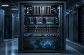 Open dedicated server rack with organized compute, storage, and network components in a cool blue-gray data center.