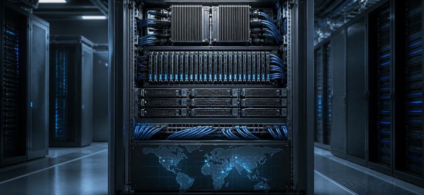 Open dedicated server rack with organized compute, storage, and network components in a cool blue-gray data center.