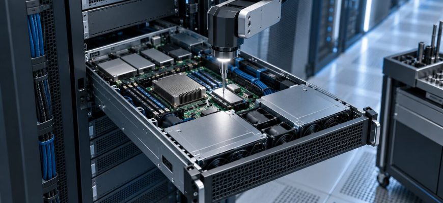 Open rack server positioned beneath a precision maintenance tool in a data center